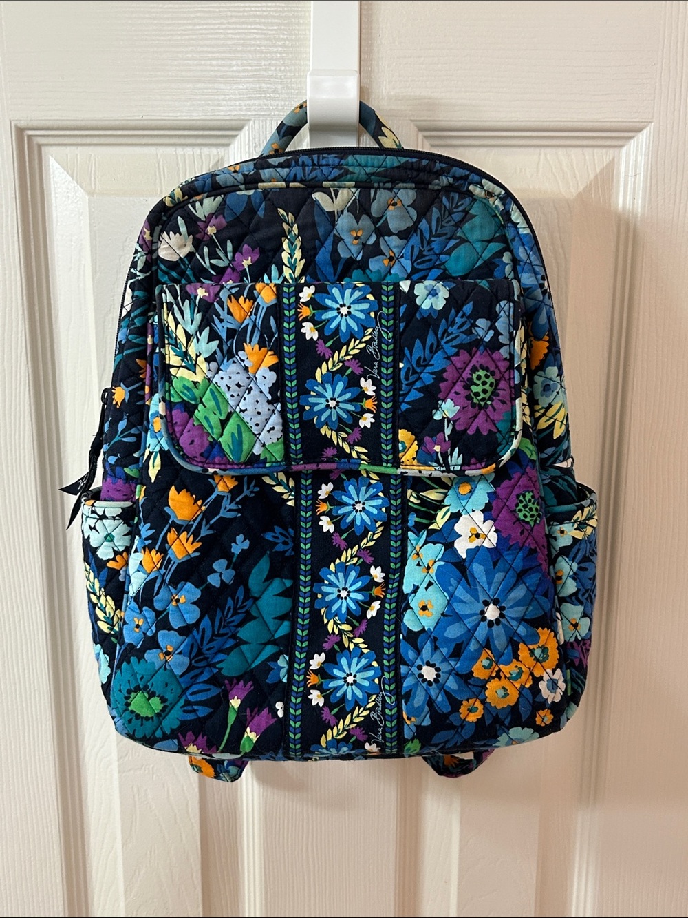 Vera Bradley Navy Floral Quilted Mini Backpack with Teal & Purple Accents